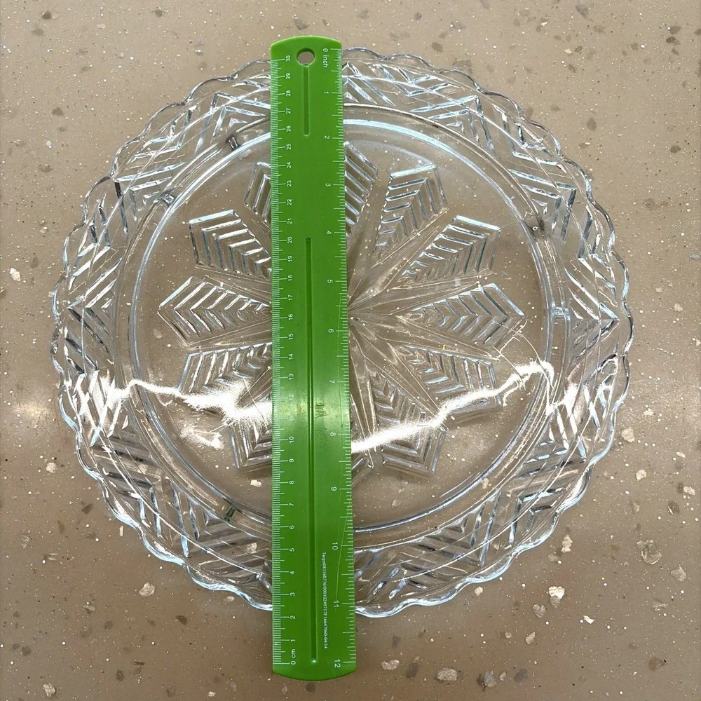Federal Glass Snowflake Star Chevron Cake Plate Scalloped Edge Vintage Serving
